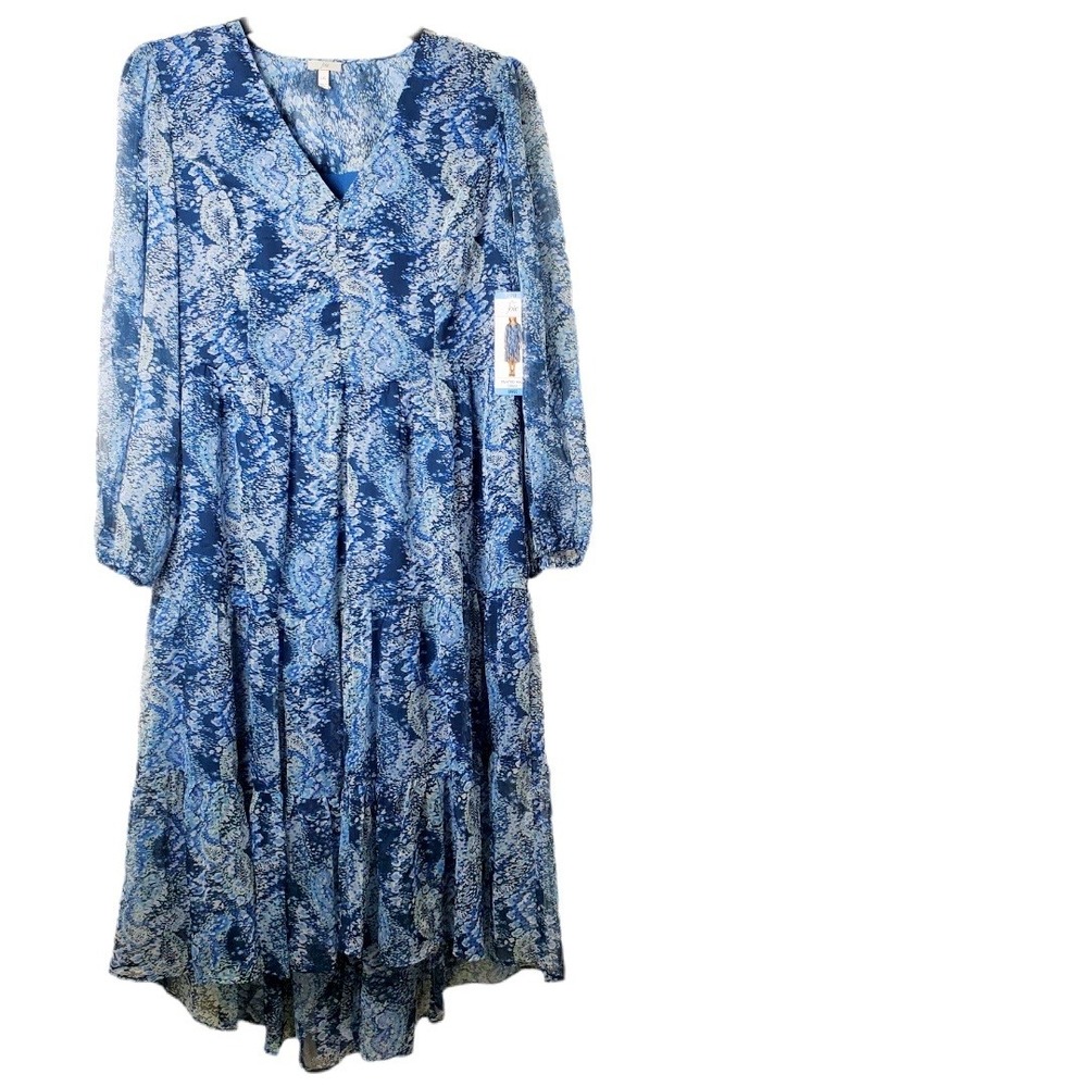 Joie NWT Blue Georgette Parisian Paisley Long Sleeve Tiered Midi Maxi‎ Dress Lg